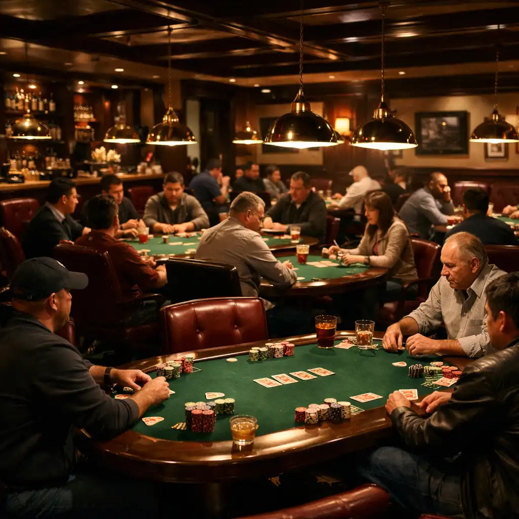 Players seated at poker tables in the warmly lit card lounge during a poker night