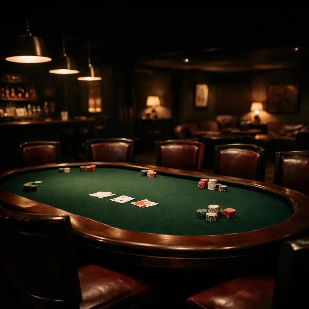 Premium card lounge interior with a deep green poker table, dark wood chairs, and warm overhead light