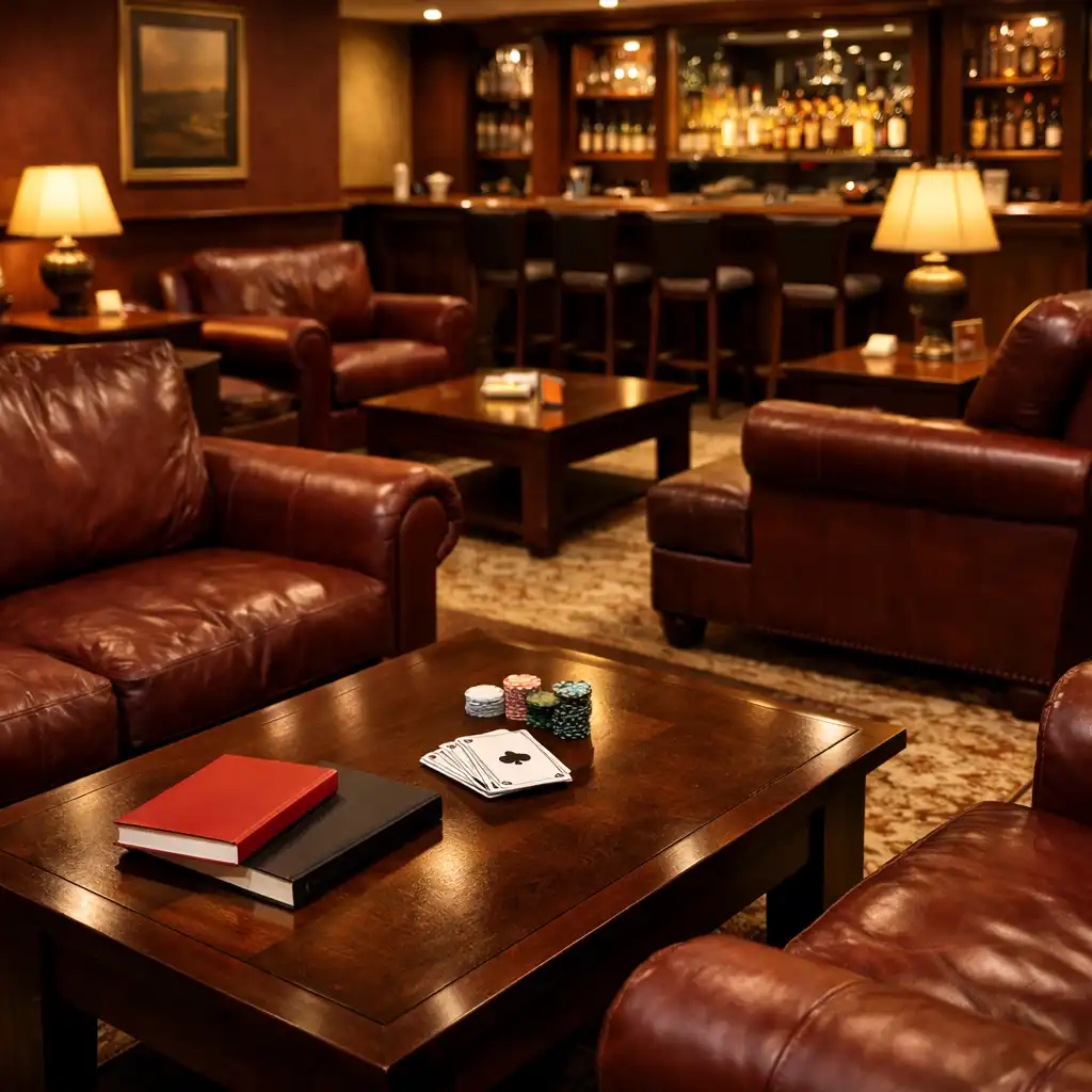 A relaxed card lounge with burgundy leather sofas, dark wood tables, and warm low lighting