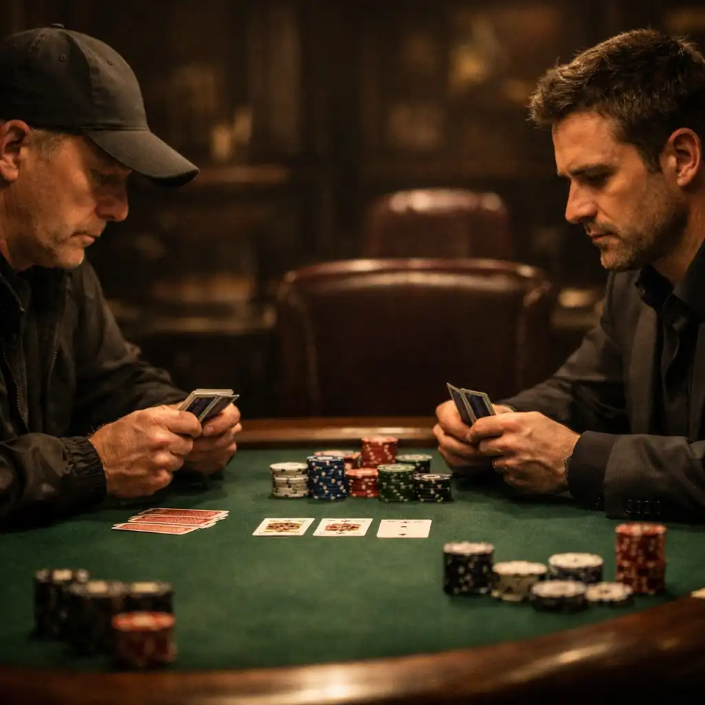Two serious poker players facing each other across a table in a dark card lounge