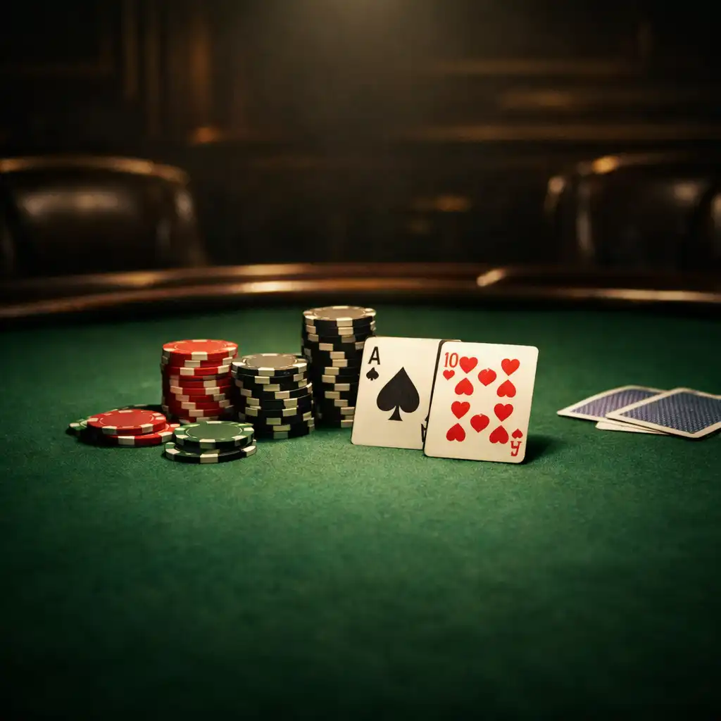 Premium oval poker table with deep green felt, dark wood rail, and warm overhead lighting in a dimly lit room