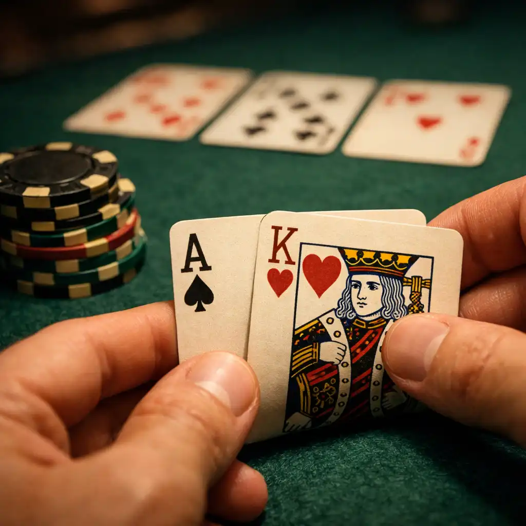 Player's hands holding cards with chips and community cards on the felt