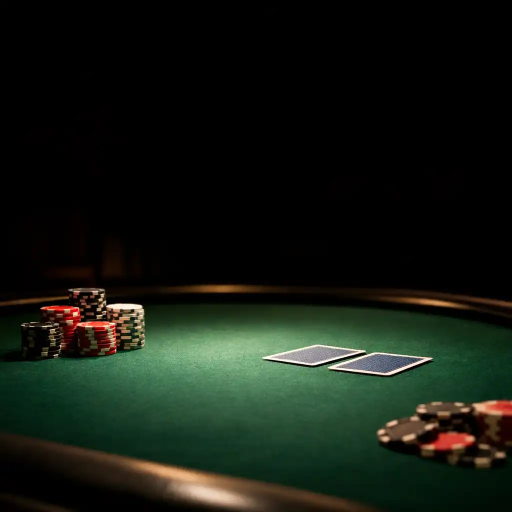 A dimly lit poker table with chips and cards under warm light