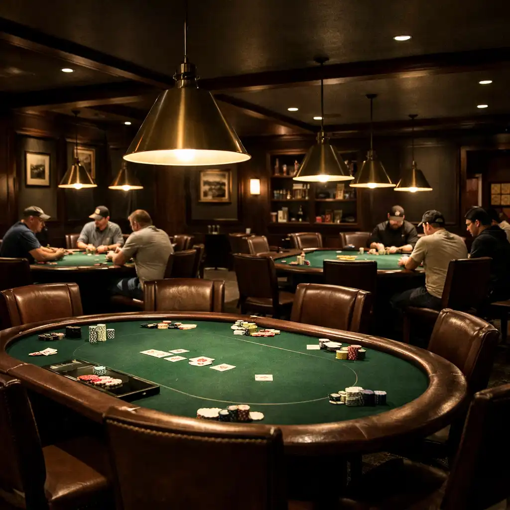 Interior of a dedicated poker room with multiple tables under pendant lights