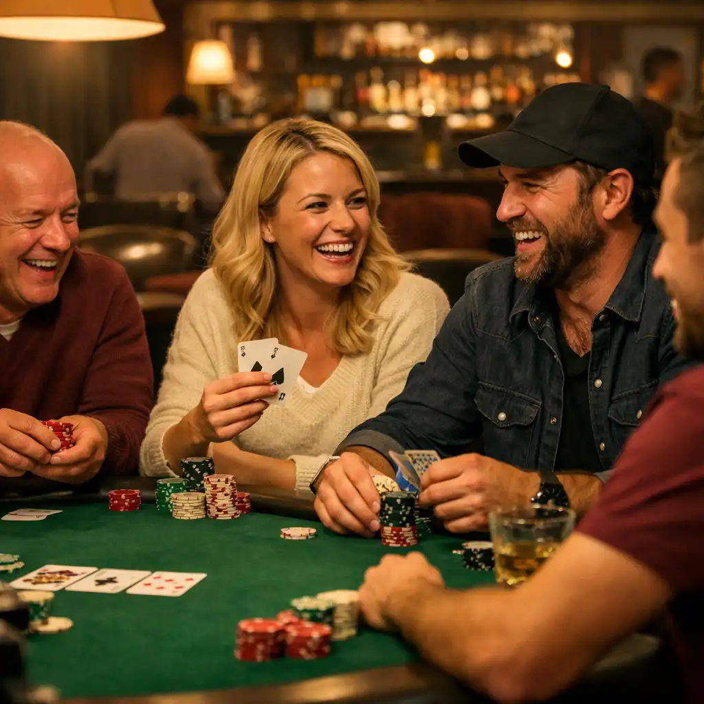 Players at a poker table engaged in conversation and laughter