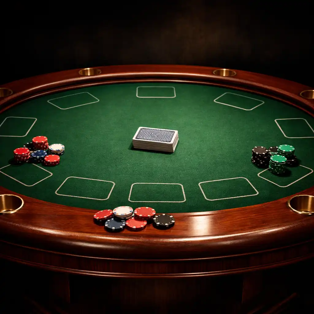 A professional poker table with wooden rim, green felt, and chips
