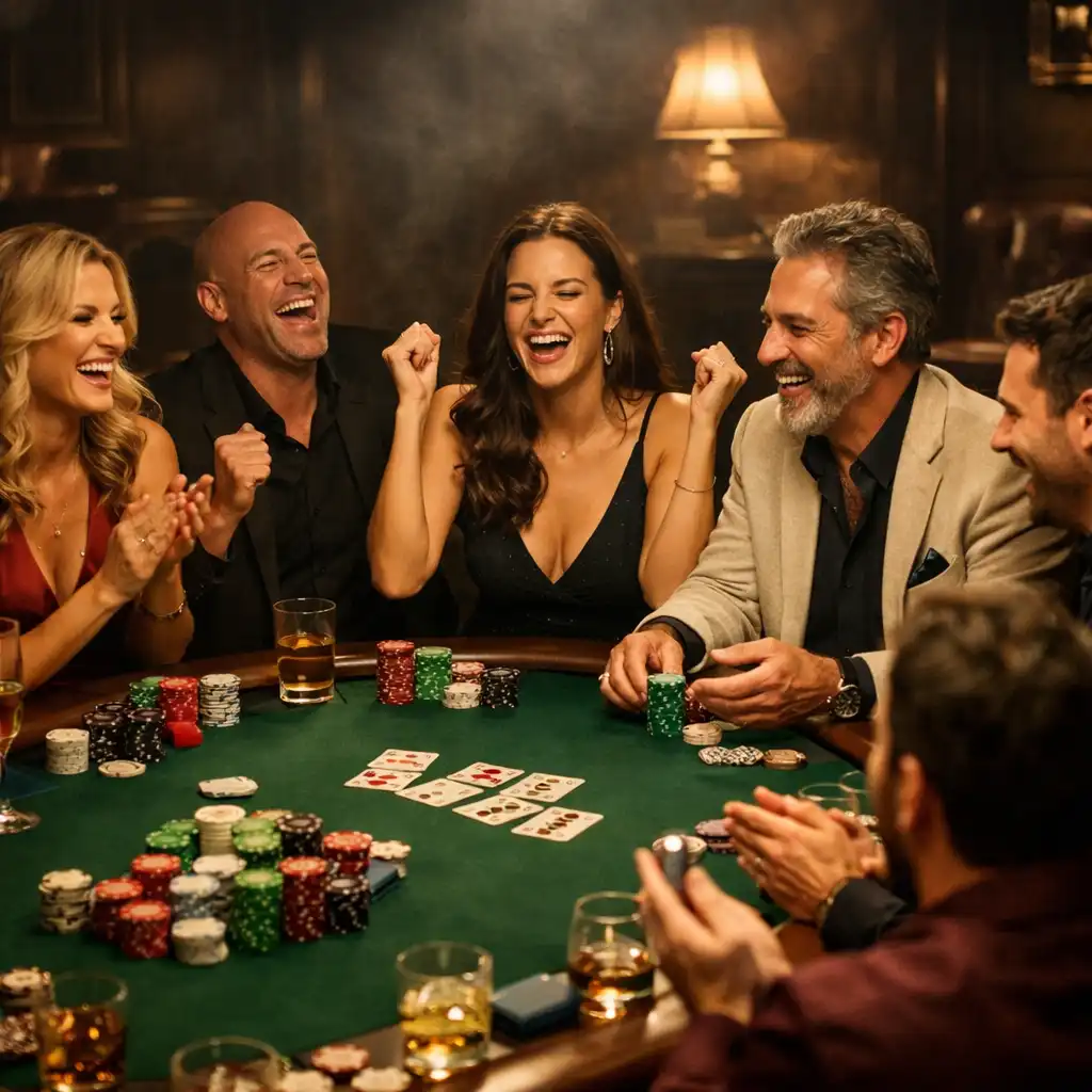 A private poker event with a group of players around a table, warm lighting, and a celebratory atmosphere