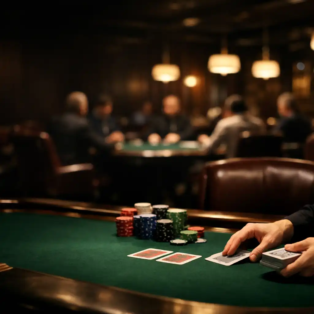 A dimly lit professional poker room with warm overhead light on a deep green felt table, cards, and chips