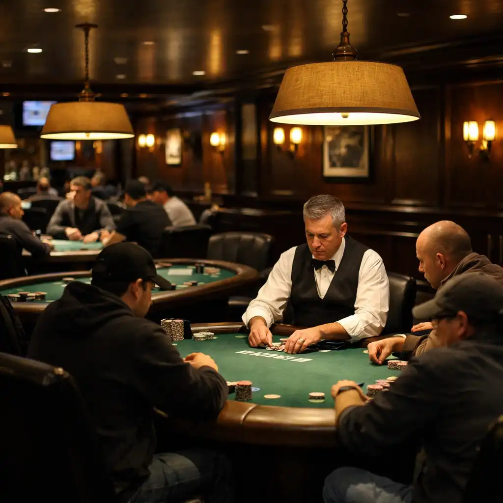 Interior of a premium poker room with multiple professional tables, warm lighting, and focused players