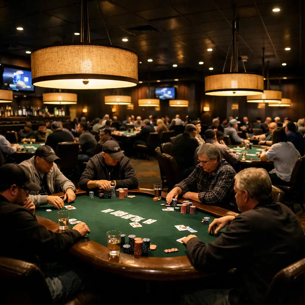Wide-angle view of the poker room with multiple oval tables, low-hanging lights, and players engaged in a game
