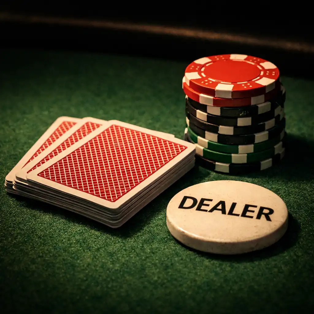 Close-up of a poker table with deep green felt, playing cards, and poker chips under warm light