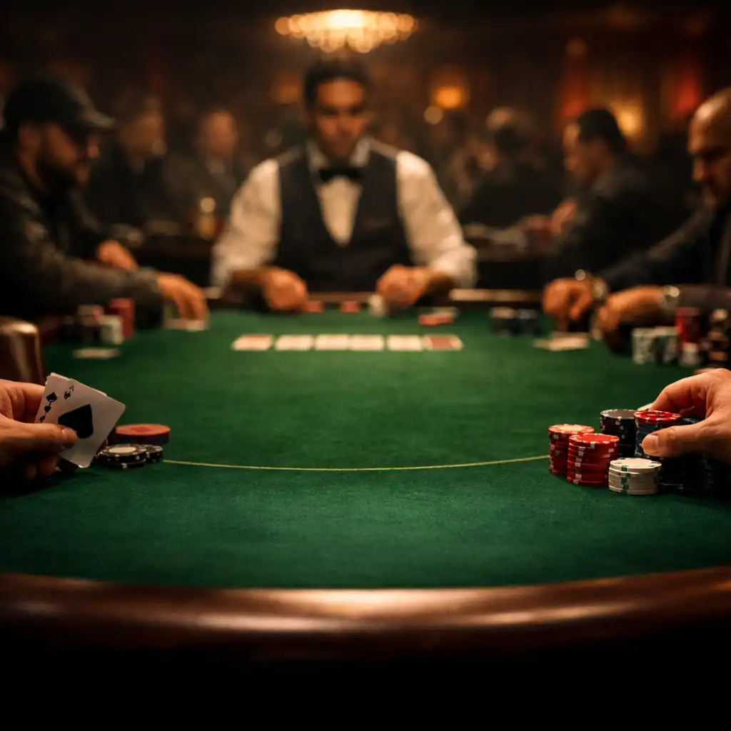 Professional poker tournament in progress at Cardann Exemac Donnell with warm light on green felt, cards, and chips