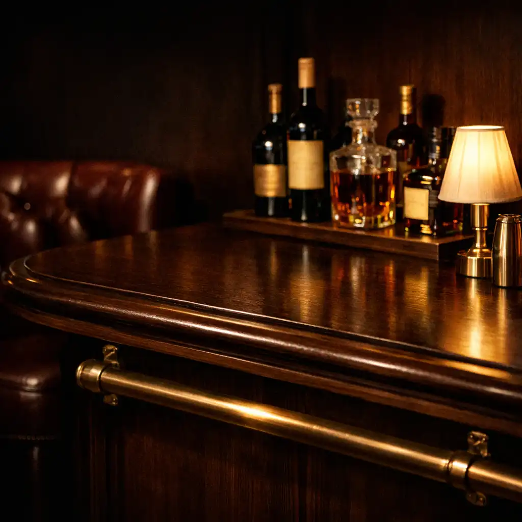 Small, elegant bar counter with dark wood, brass foot rail, and warm back-bar lighting