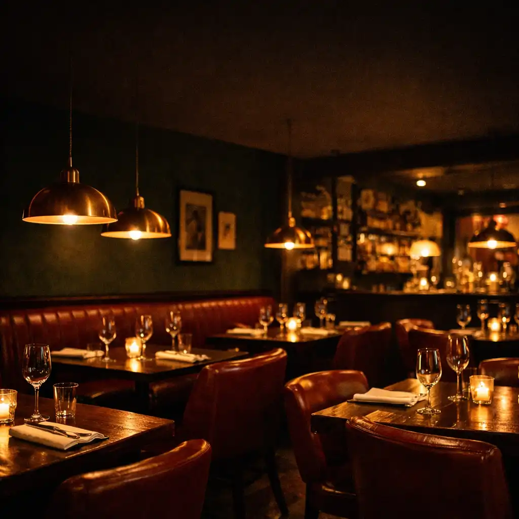 Warm, low-key dining room at Cardann Exemac Donnell with dark wood tables and burgundy leather chairs