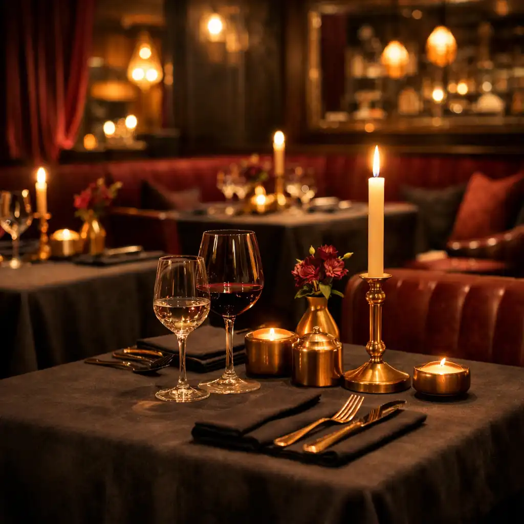 Warm restaurant interior at Cardann Exemac Donnell with dark wood tables and low ambient lighting