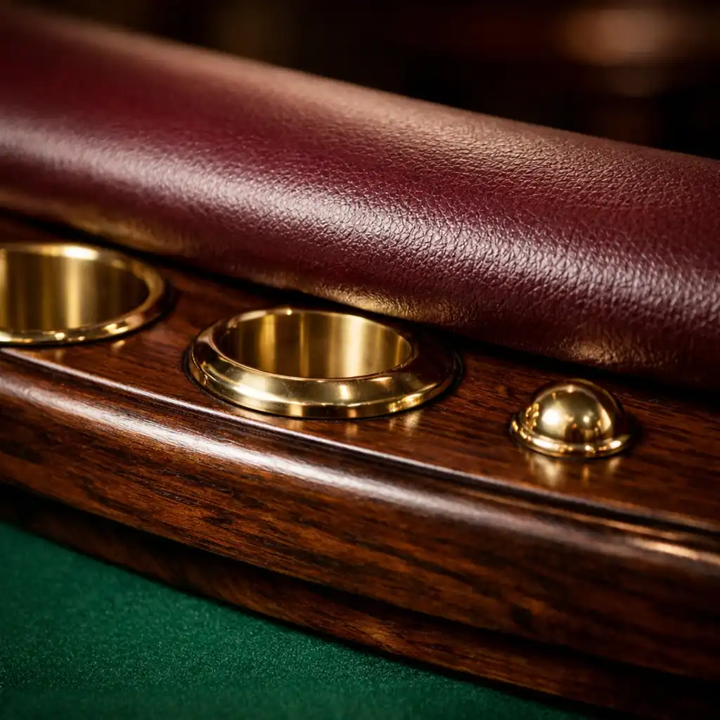 Detail of poker table edge showing burgundy leather rail, dark walnut trim, and polished brass fittings