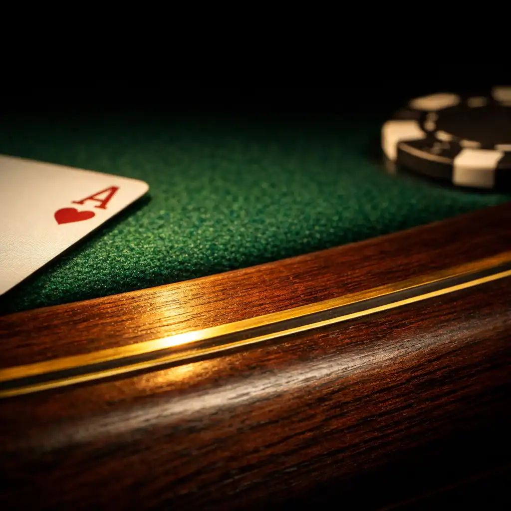 Extreme close-up of a poker table edge showing deep green felt, dark wood rail, and brass inlay