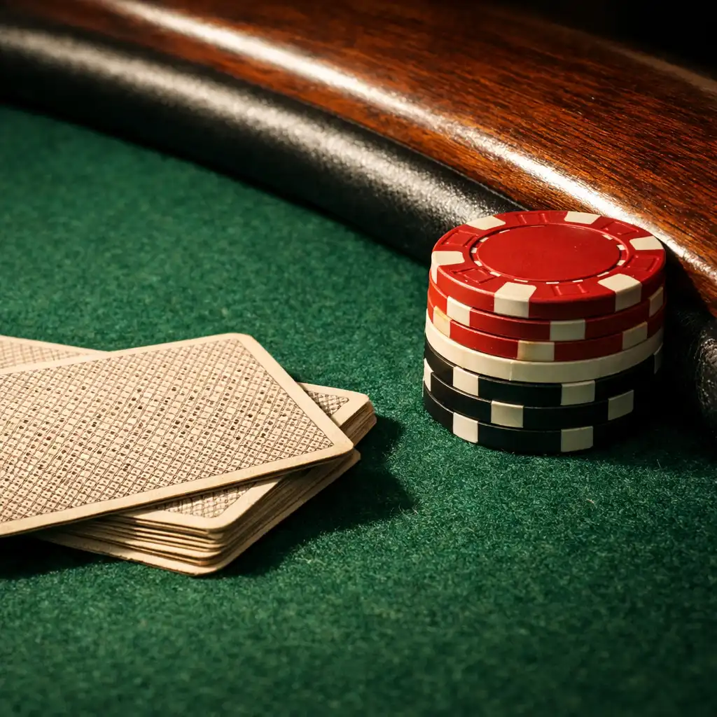 Close-up of poker table felt showing texture, stacked chips, and face-down cards